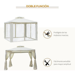 Cenador de Jardín 3x3 m Pabellón de Exterior con Doble Techo de Ventilación 4 Cortinas Mosquiteras Laterales con Cremallera 4 Orificios de Drenaje para Fiestas Patio Crema