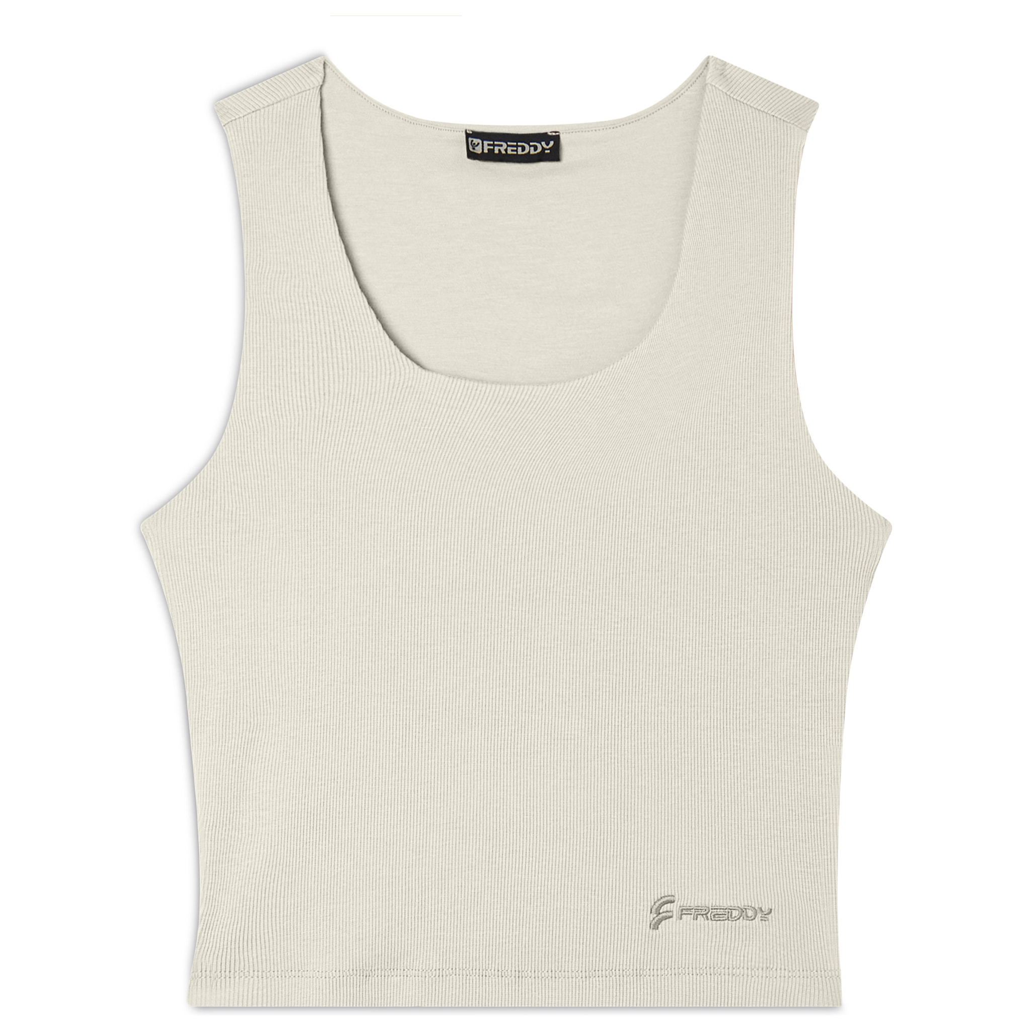 Top a costine stretch con scollo asimmetrico