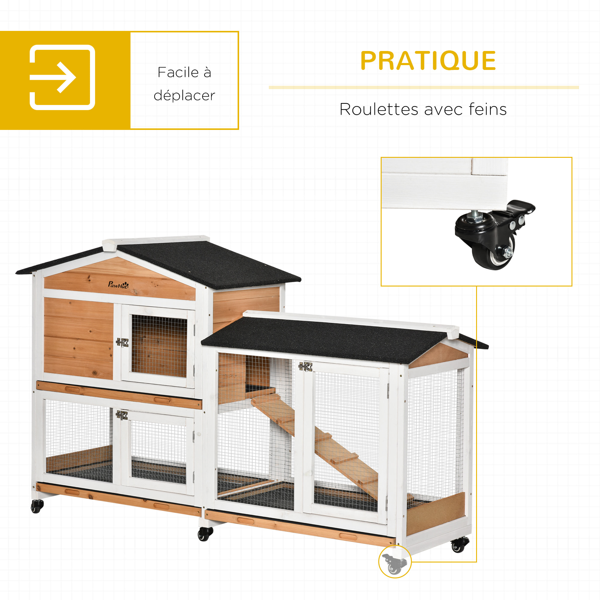 Clapier bois sur roulettes 2 niv. 3 plateaux déjections coulissants sapin blanc pré-huilé