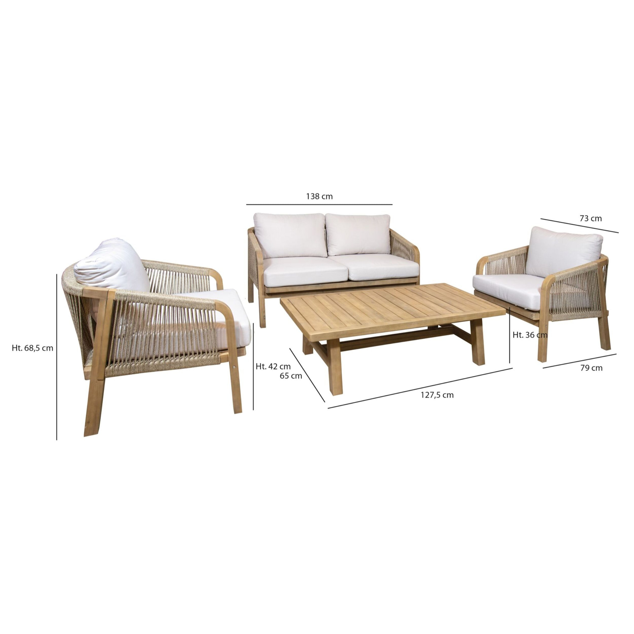 Salon de jardin en bois d'acacia et coussins beige 4 places SAONA