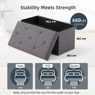 Nemora 75 - Cassapanca Ottomana 76x38x38 cm Pouf Contenitore Poggiapiedi in Tessuto Grigio