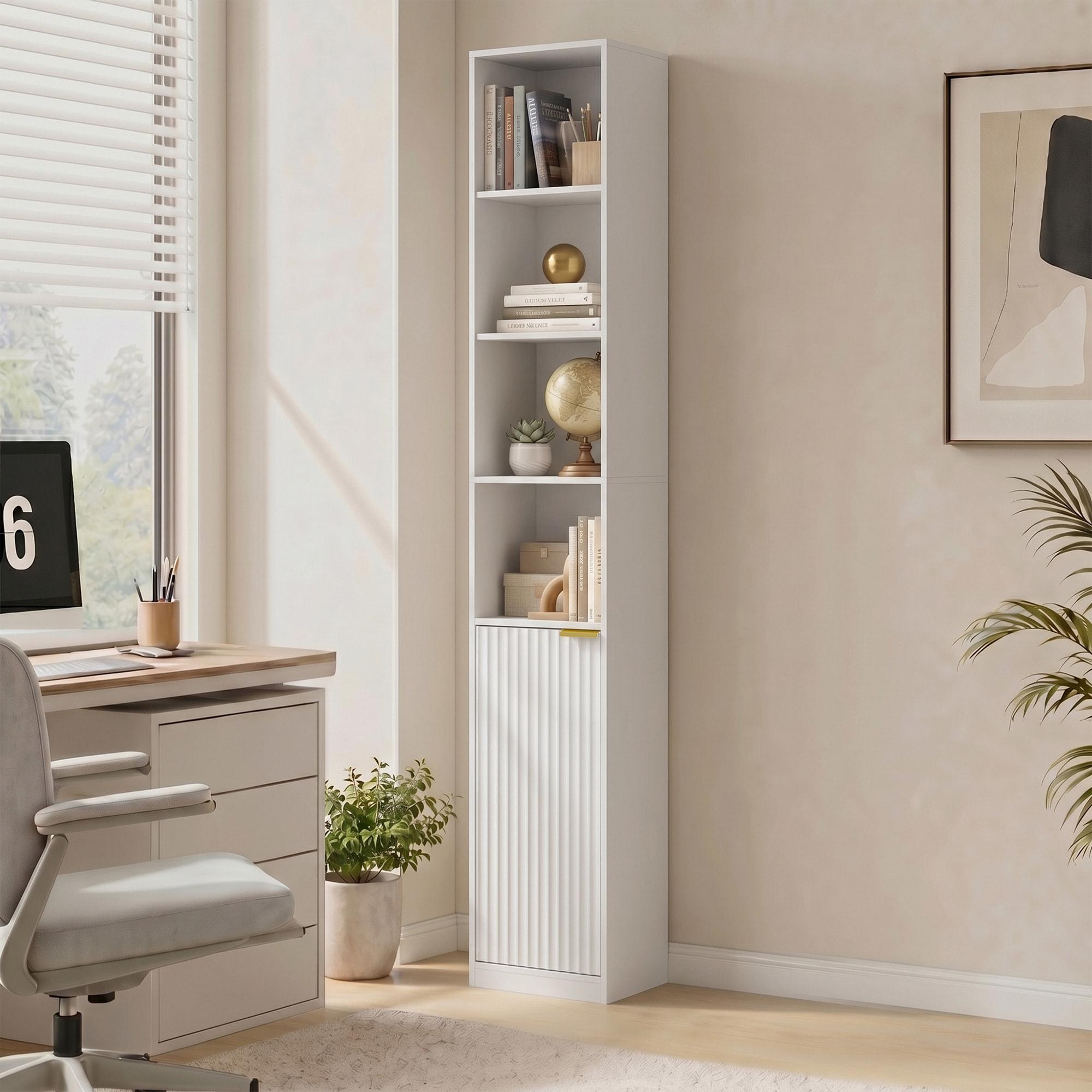 HOMCOM Estantería para Libros de 6 Niveles, Librería Alta y Estrecha con 4 Estantes Abiertos, Puerta y Estante Ajustable, Armario para Salón, Estudio, Oficina, 30x24x182 cm, Blanco