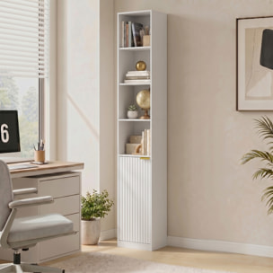 HOMCOM Estantería para Libros de 6 Niveles, Librería Alta y Estrecha con 4 Estantes Abiertos, Puerta y Estante Ajustable, Armario para Salón, Estudio, Oficina, 30x24x182 cm, Blanco