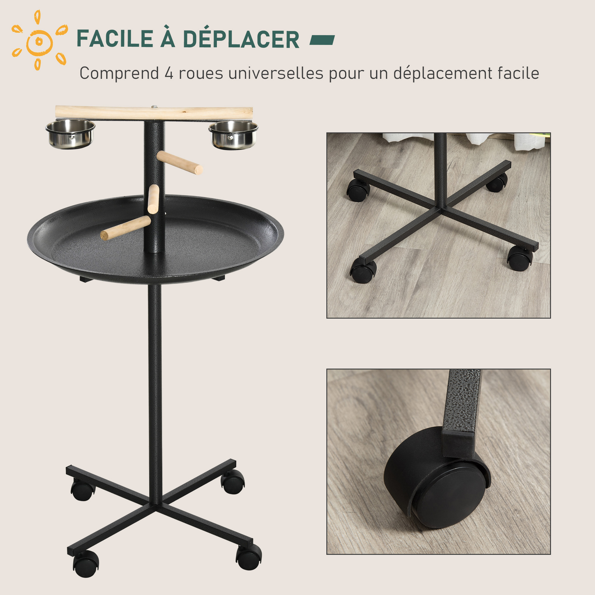 Perchoir sur pied pour perroquets, oiseaux - 4 roulettes - 2 mangeoires, 4 perchoirs, plateau acier - anthracite