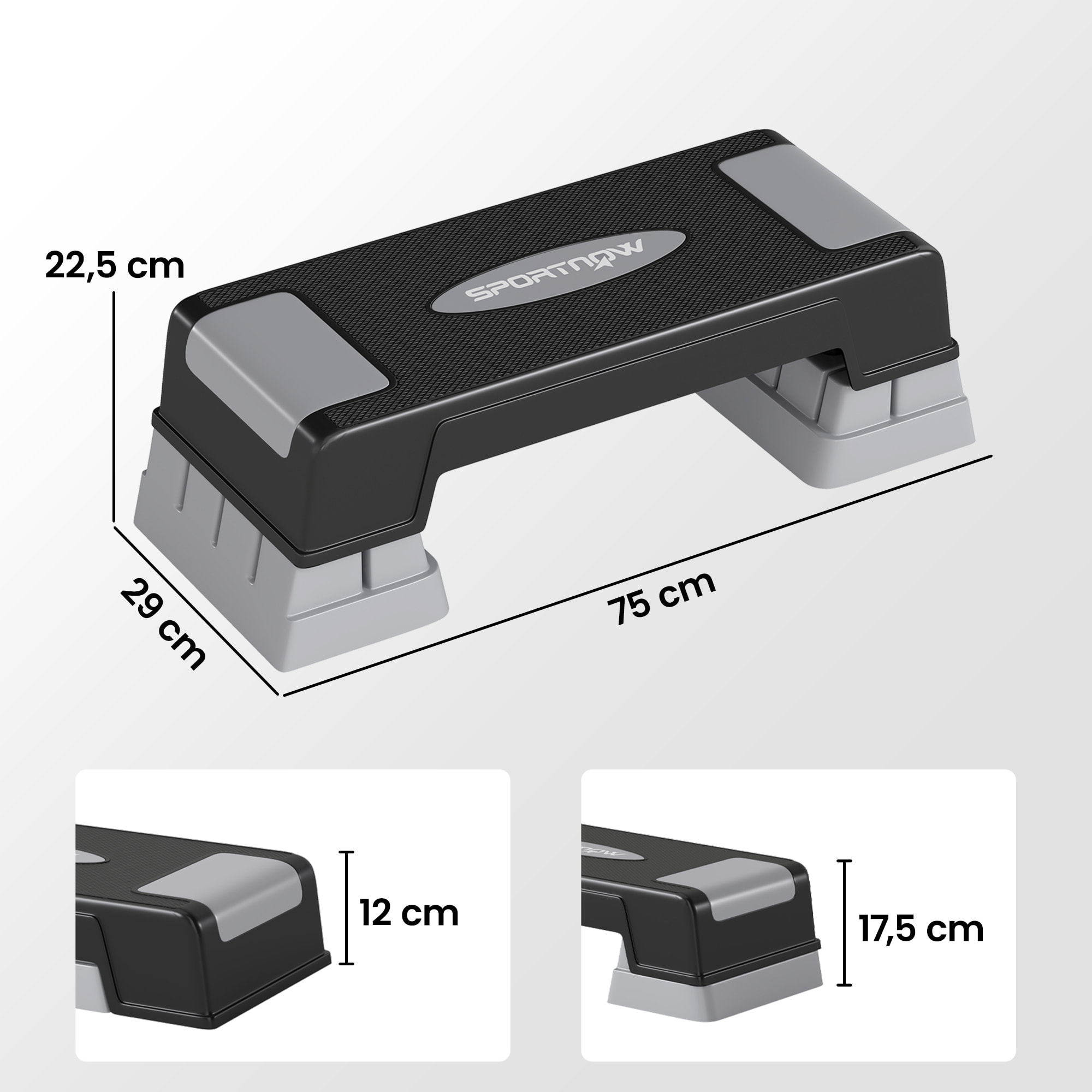Step fitness aérobic hauteur réglable 3 niv. surface antidérapante gris noir
