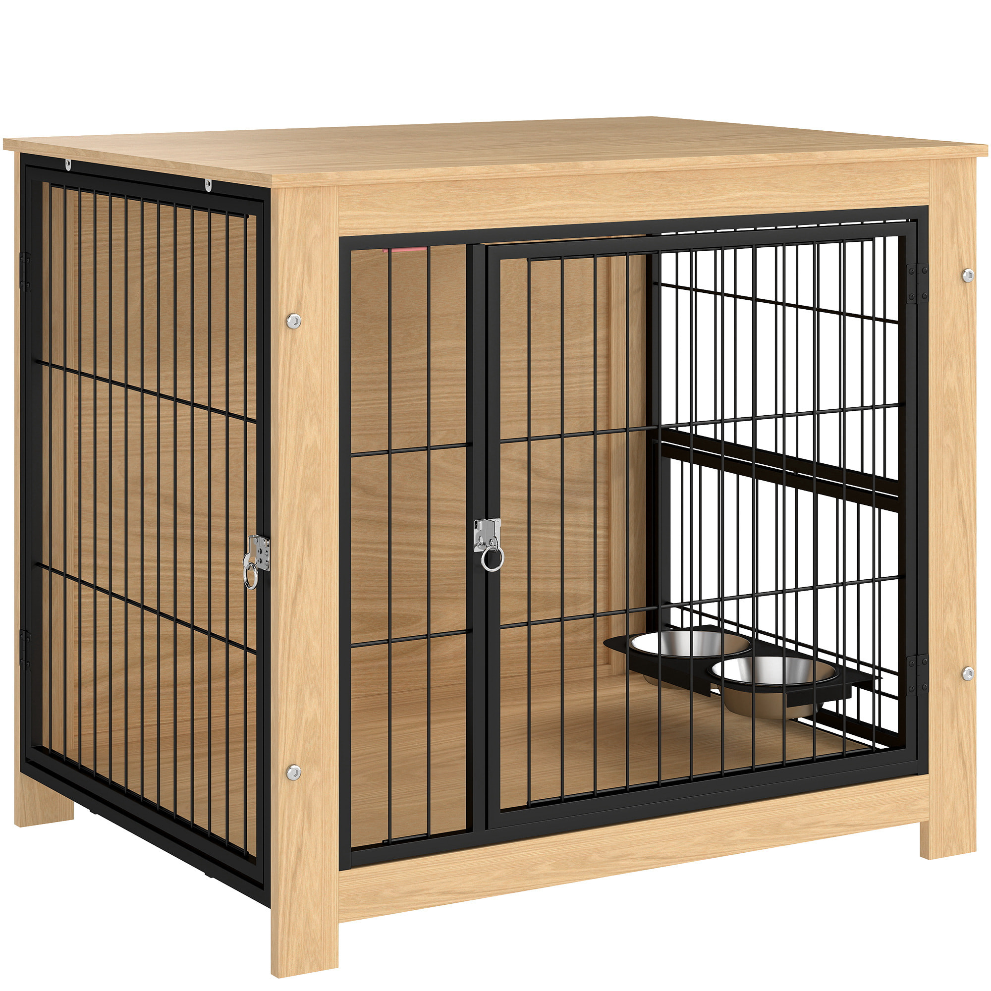 Jaula para Perros Mesa Auxiliar Moderna Casa para Mascotas con 2 Puertas Soporte Giratorio con 2 Tazones y Estructura de Acero para Perros Medianos 80x60x68 cm Roble