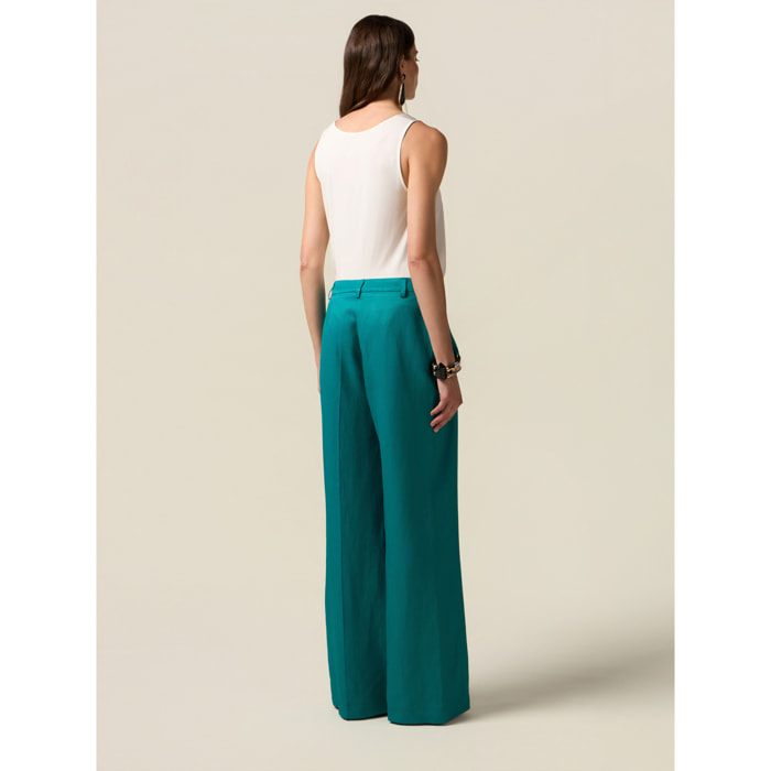 Oltre - Pantalones palazzo mezcla de lino - Petrol Blue