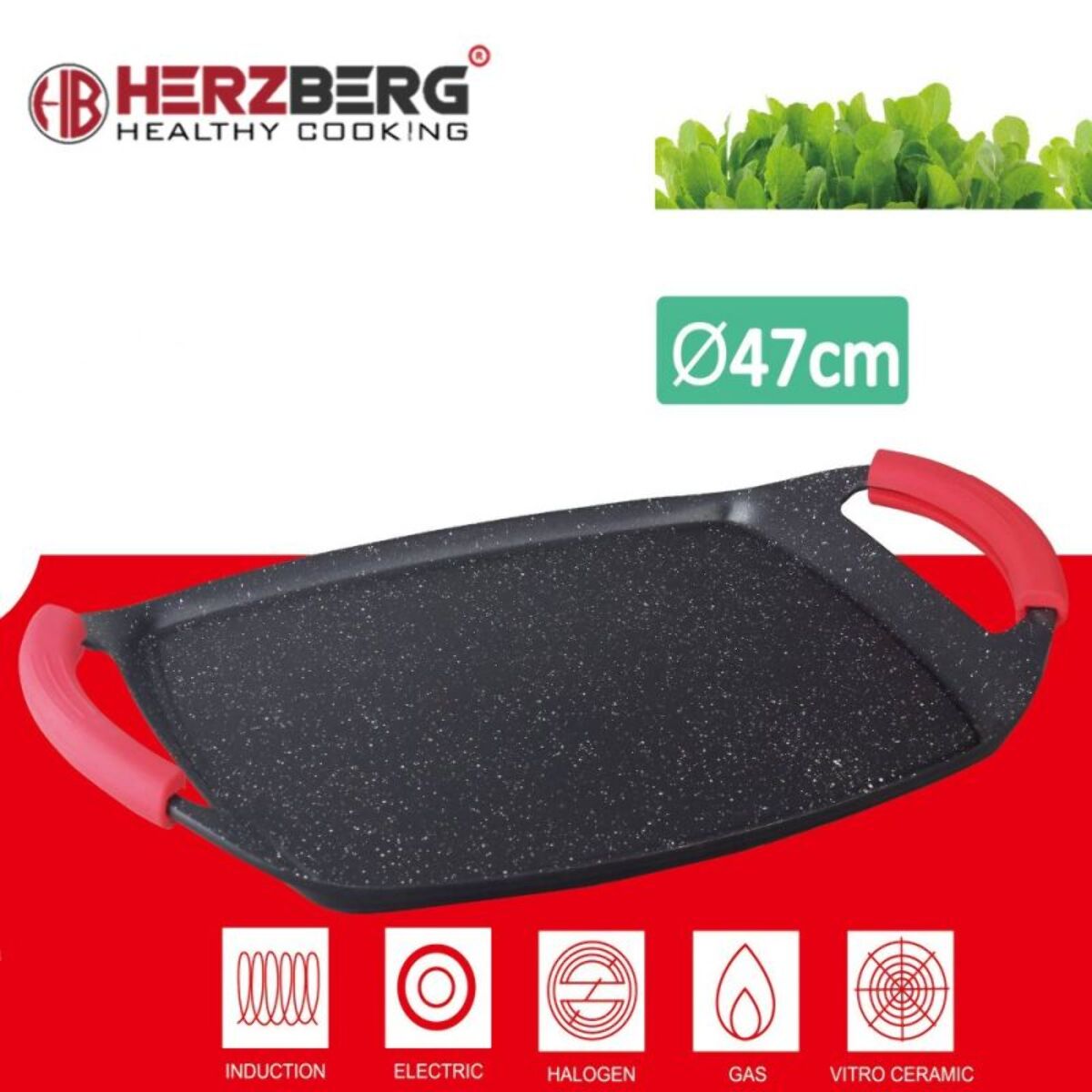 Plaque de cuisson antiadhésive avec revêtement en marbre et poignées amovibles en silicone 47*29cm Herzberg HG-7047-GP