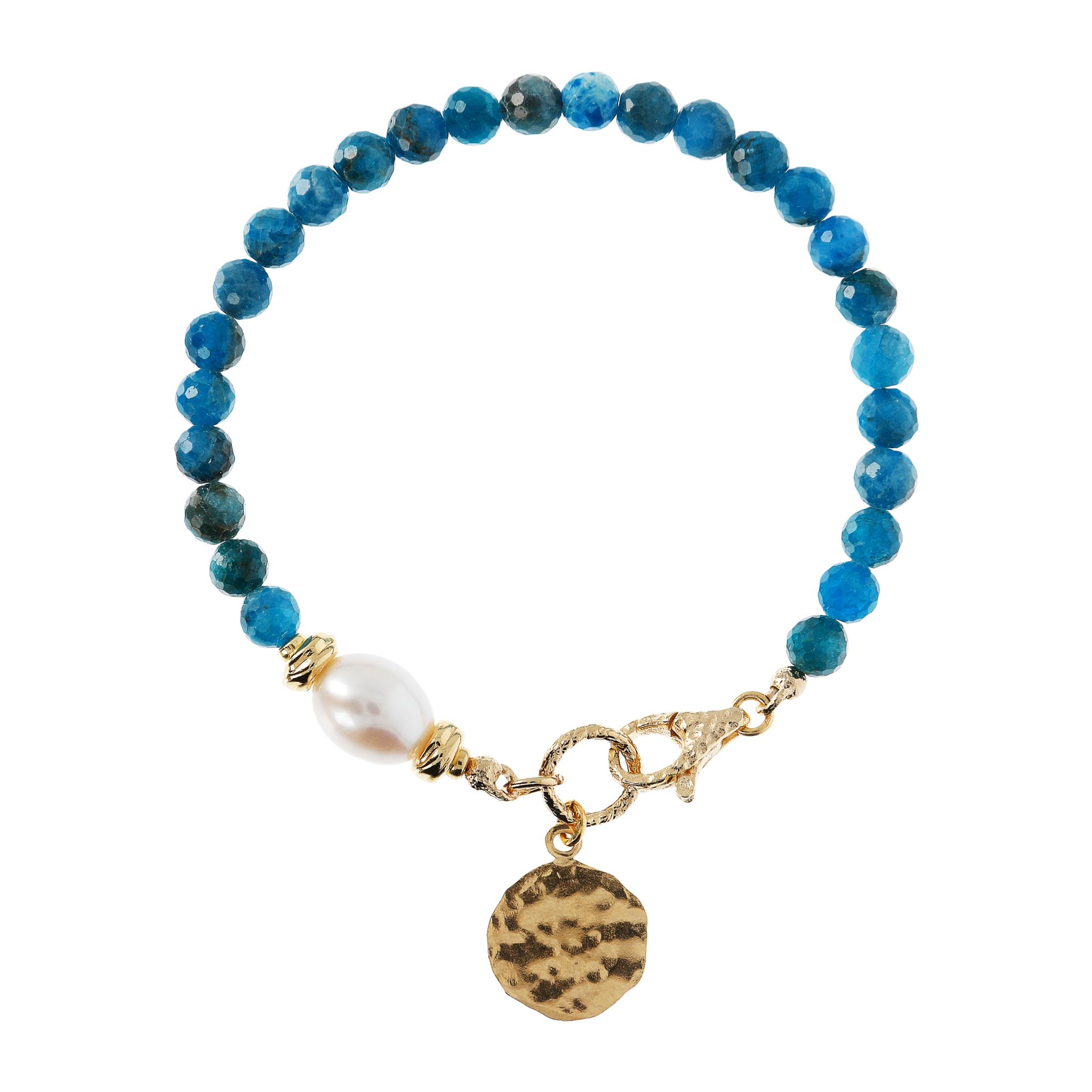 Bracciale con Perla Bianca, Apatite Blu e Pendente Martellato