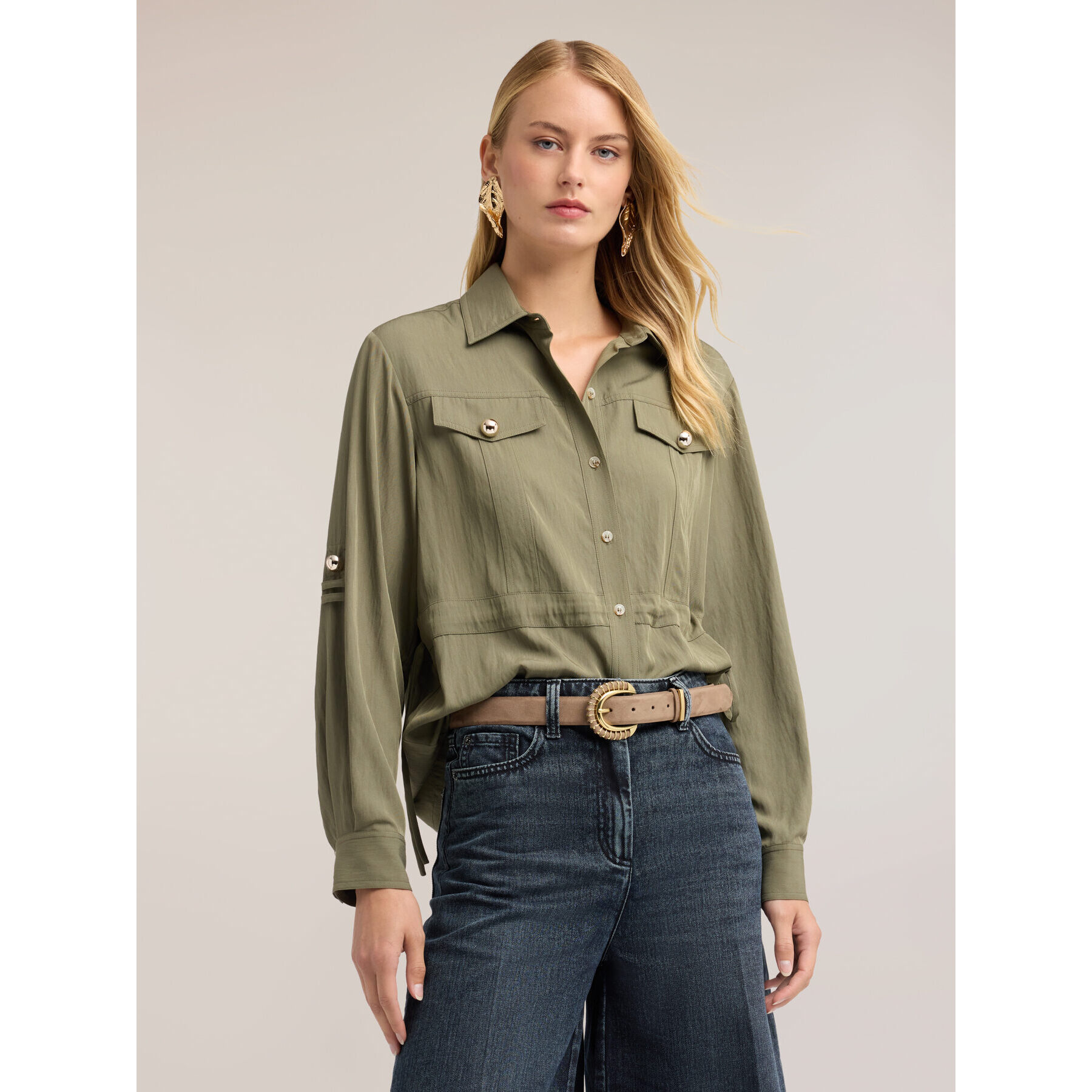 Motivi - Camisa con cordón ajustable en sarga de viscosa - Verde militare