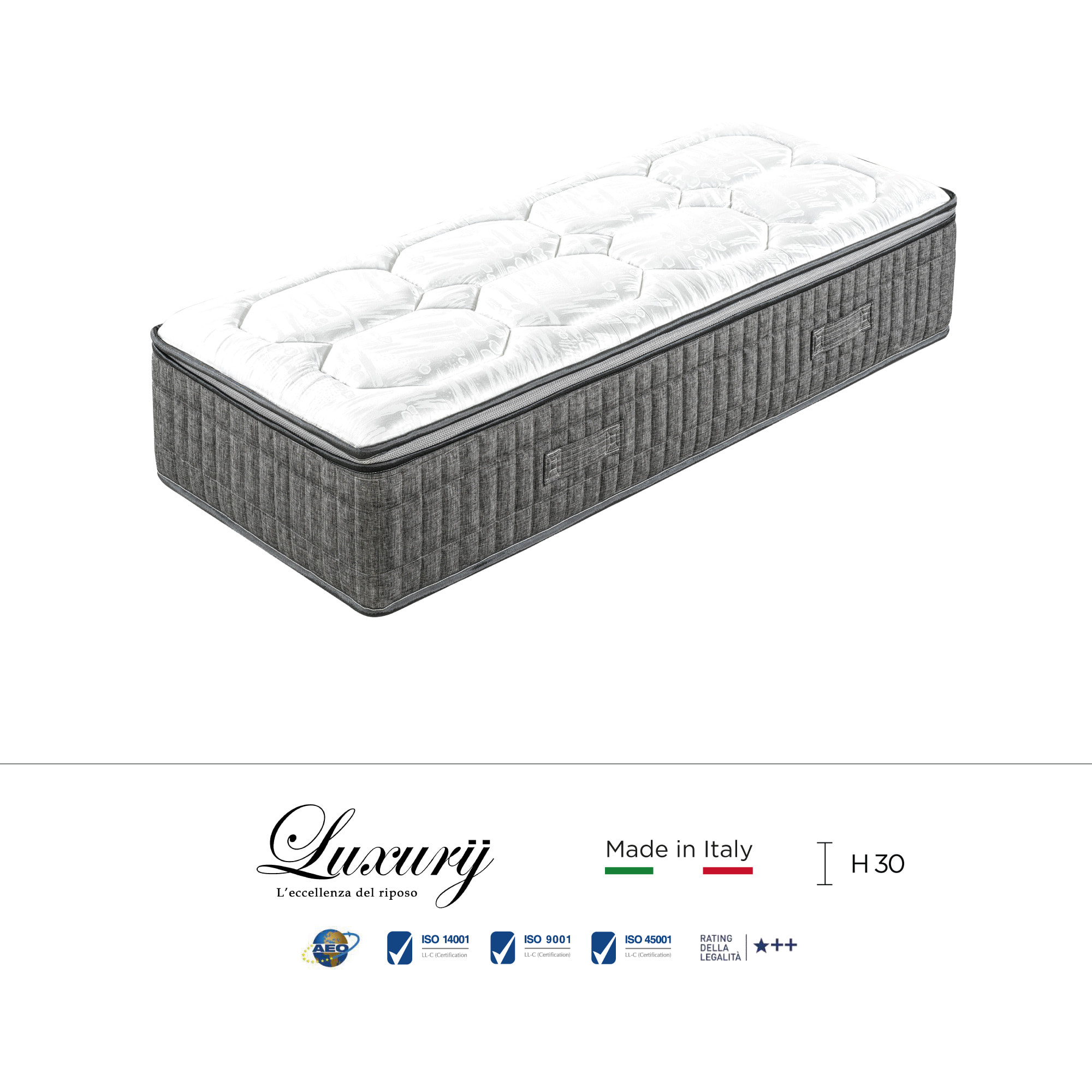 "Positano" H30 cm 90x190 guanciale Memory OMAGGIO a molle insacchettate e 4cm memory Gel