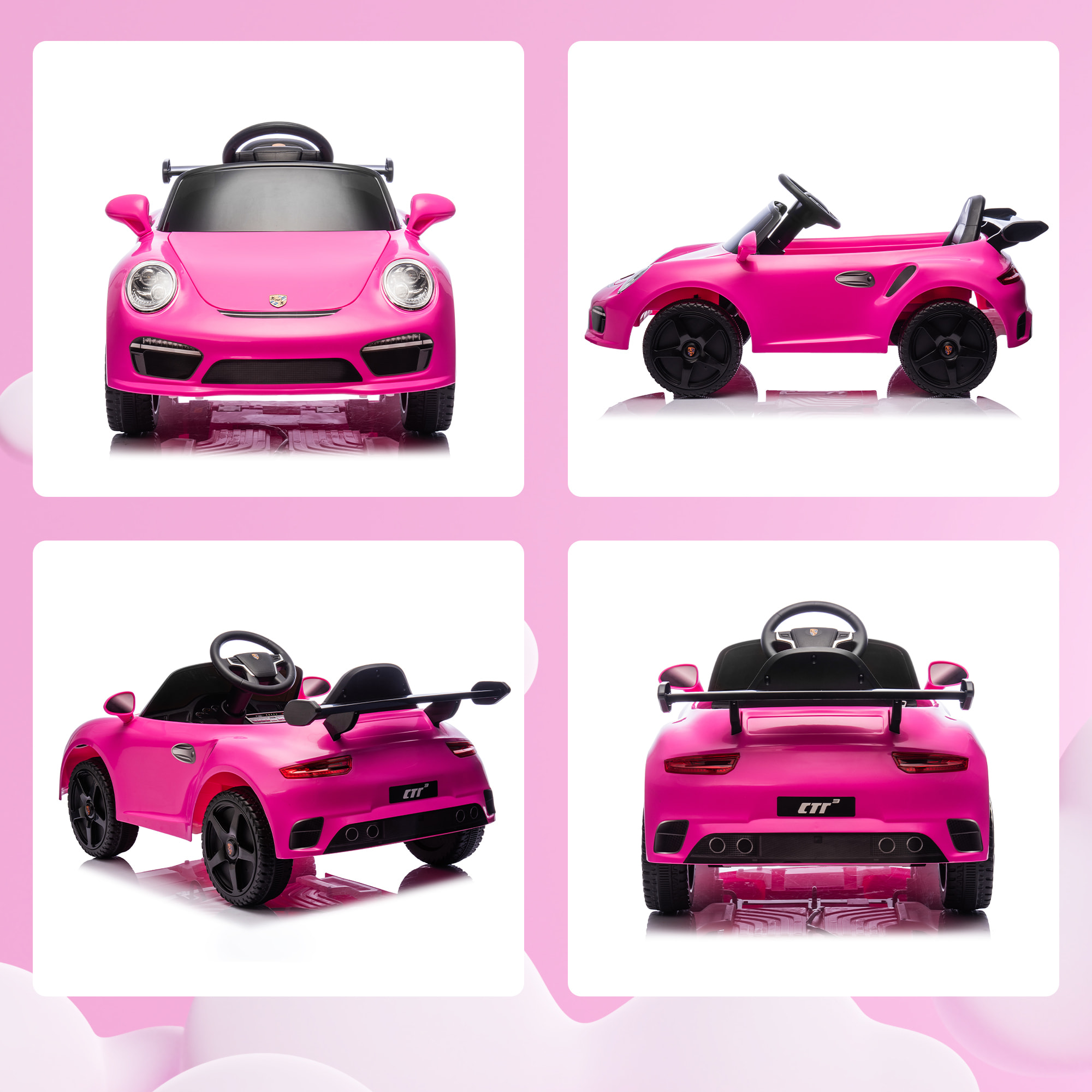 Coche Eléctrico para Niños con Licencia RUF CTR 3 Clubsport, Coche de Batería 12V, con Mando a Distancia 2,4 G, Motor Doble, Música Inalámbrica, Bocina, Ruedas Auxiliares y Faros LED, Rosa