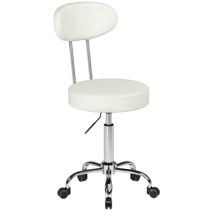 Taburete con Ruedas, Taburete Giratorio con Respaldo, Altura Regulable, Tapizado en Cuero Sintético, Asiento Acolchado, para Spa, Tatuajes, Oficina, Dormitorio, Blanco
