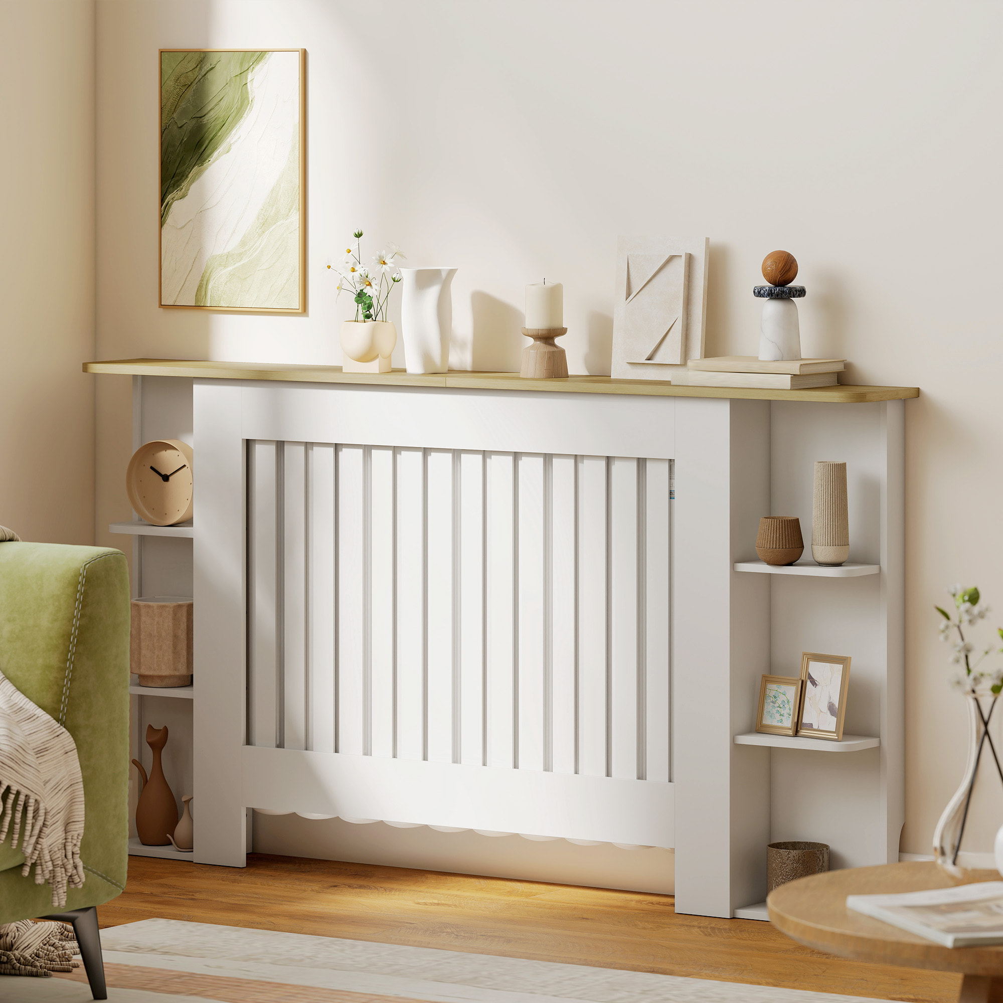 Cubre Radiadores con Estantes, Cubreradiador de MDF, Cubierta para Radiador, Diseño Moderno de Listones, para Salón, Dormitorio, 152x19x83 cm, Blanco