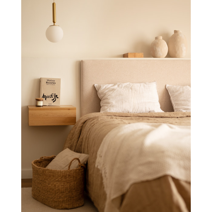 Pack tête de lit rembourrée beige et 2 tables de chevet flottantes en bois massif ton chêne foncé en différentes tailles