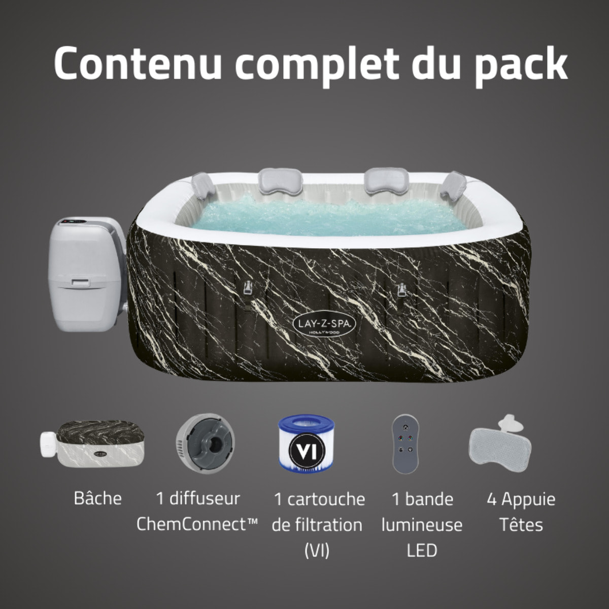 Bestway Spa gonflable carré Lay-Z-Spa Hollywood Luxe AirJet LED 4-6 personnes