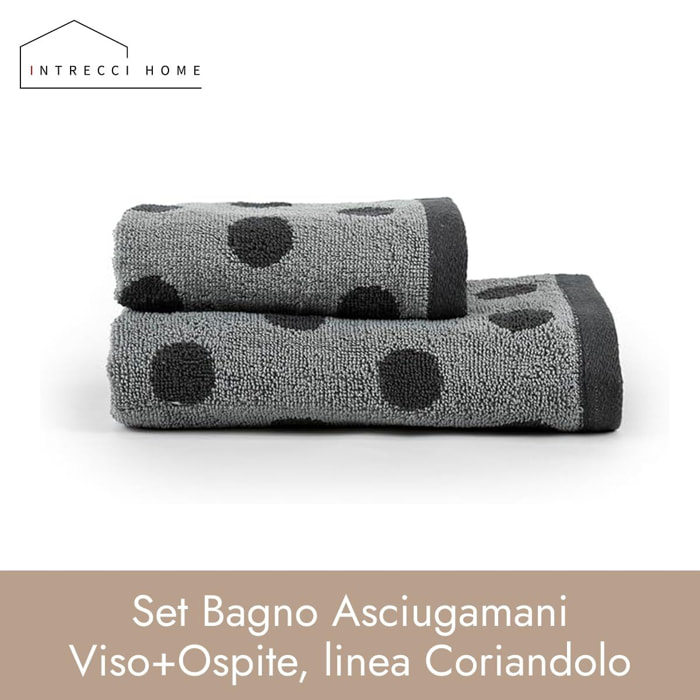 INTRECCI HOME Set Bagno Asciugamani Viso+Ospite, in Puro Cotone 450, Morbidezza Extra, Lavorazione Jacquard, Design a Pois, Elegante e Confortevole