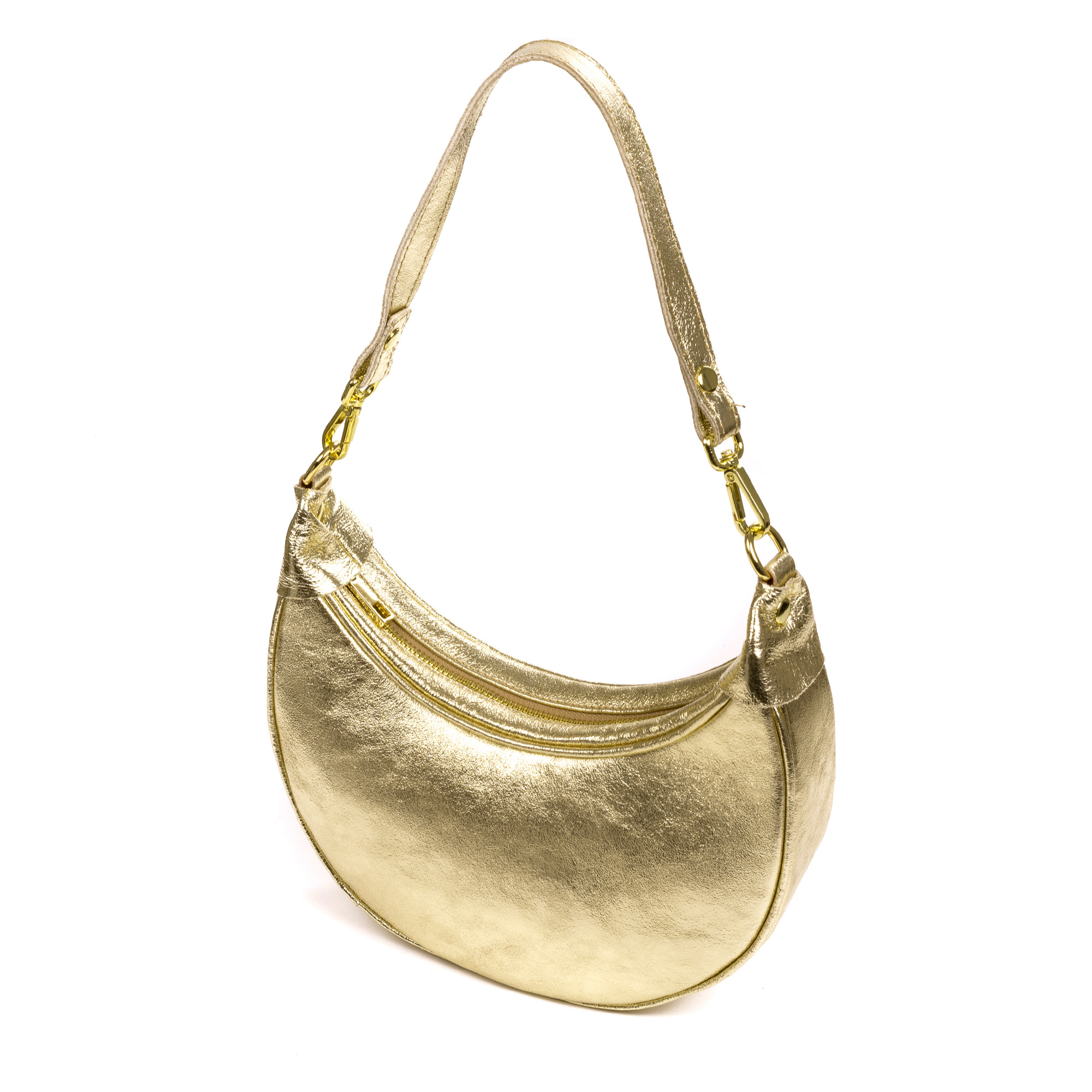 Asís borsa a tracolla e a mano, in pelle autentica con finitura scamosciata laminata, con design a mezzaluna.