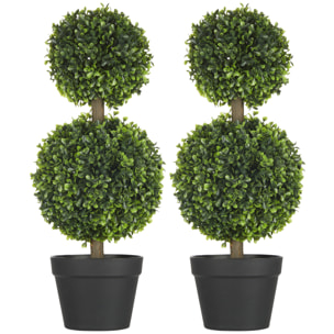 Lot de 2 arbres buis artificiel double boules avec tronc et pot inclus - H.60 cm PE vert