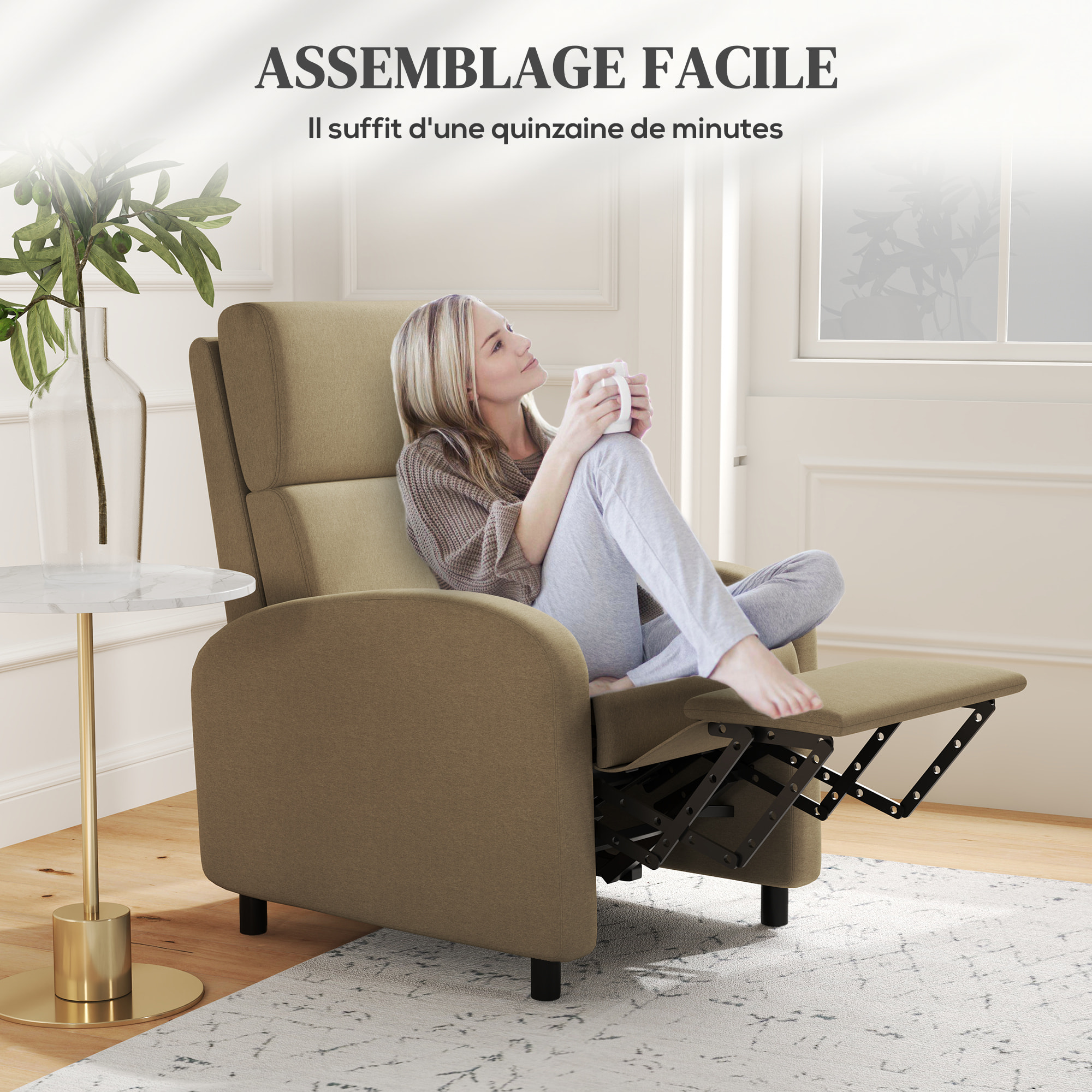 Fauteuil de relaxation inclinable réglable repose-pied tissu beige