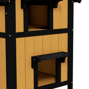 PawHut Casa para Gatos de Madera con Macetero 96x65x85,5 cm Caseta para Gatos de 2 Niveles Refugio para Gatos con Techo Asfáltico Ventana y Múltiples Entradas para Interior y Exterior Natural