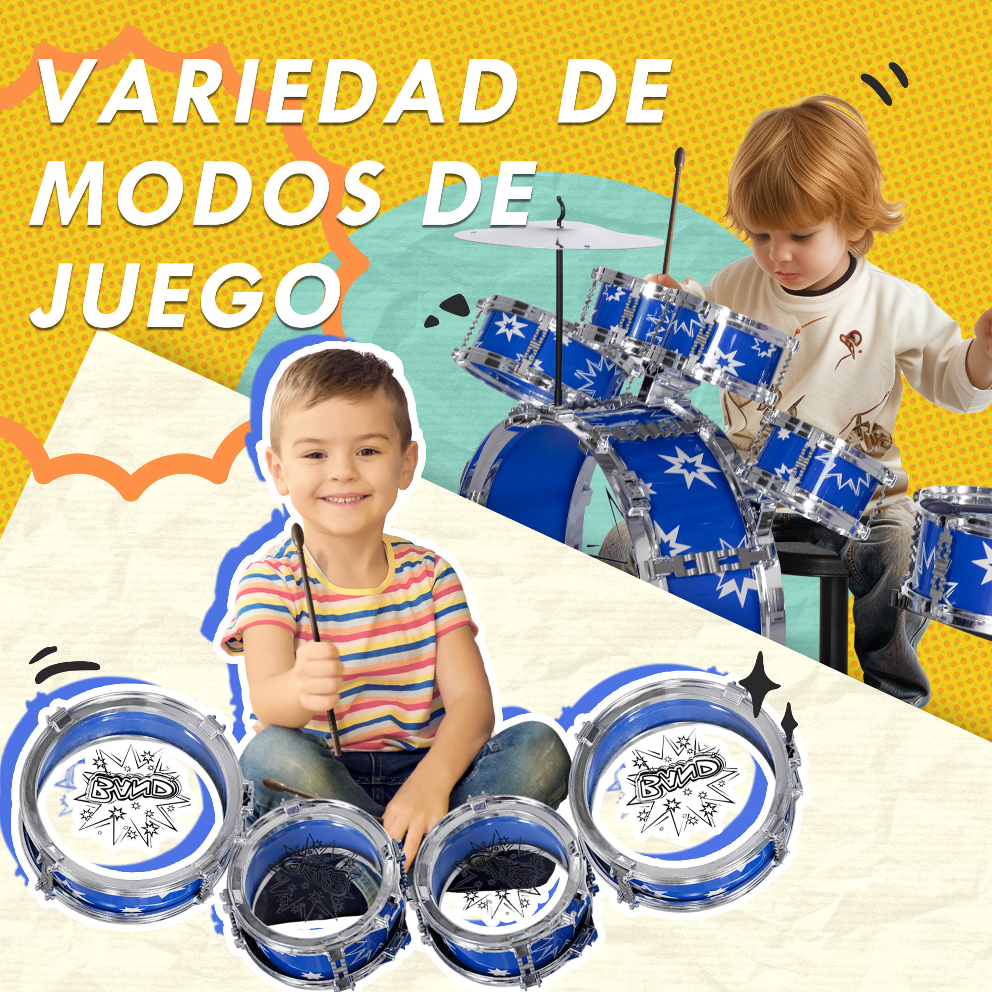 Batería Infantil con Taburete Batería para Niños de +3 Años con Tambores Bombo Platillo Pedal y Baquetas Diseño con Tema de Estrellas 65x22x57 cm Azul