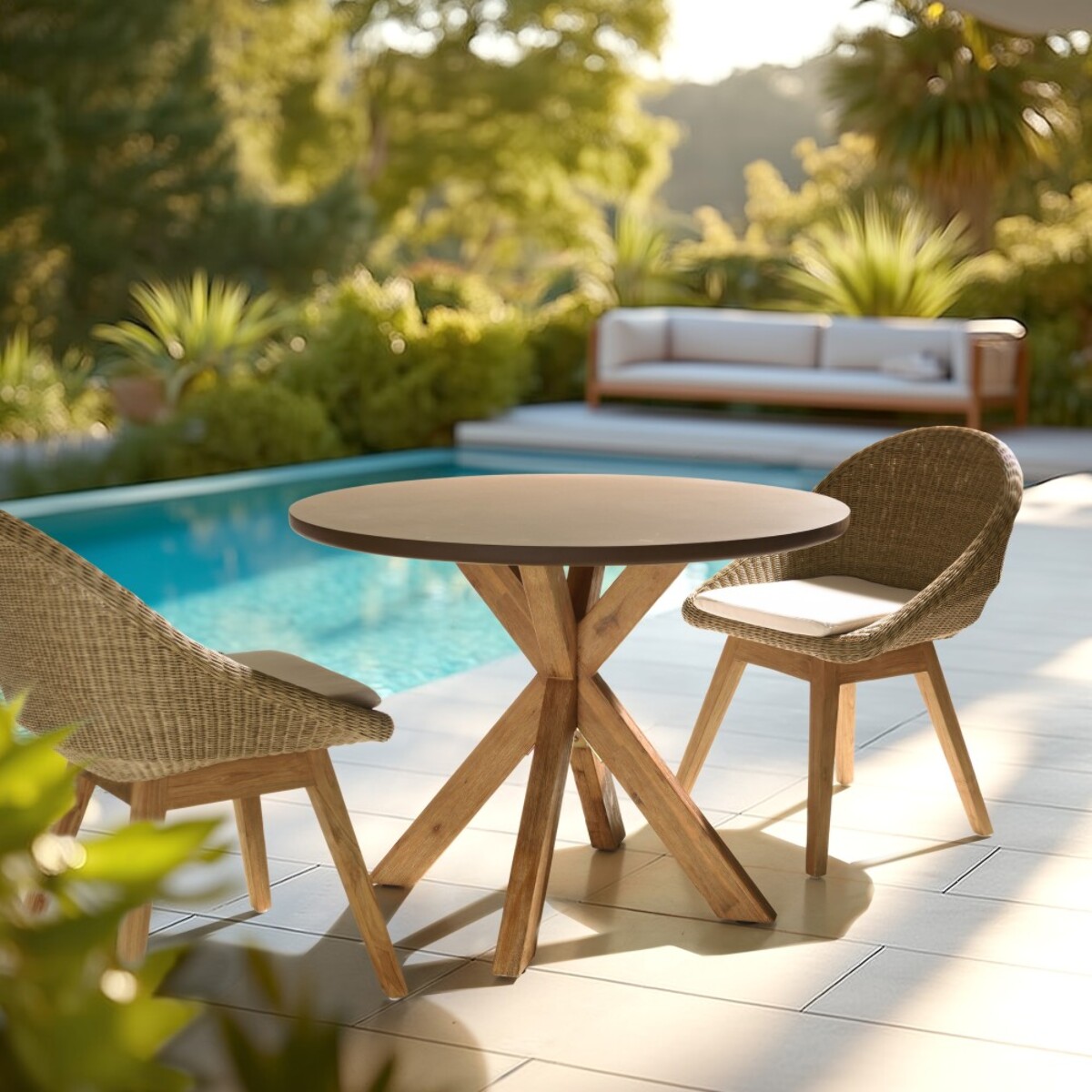 NESTOR - Table à manger ronde effet béton marron pied en bois d'acacia D100cm
