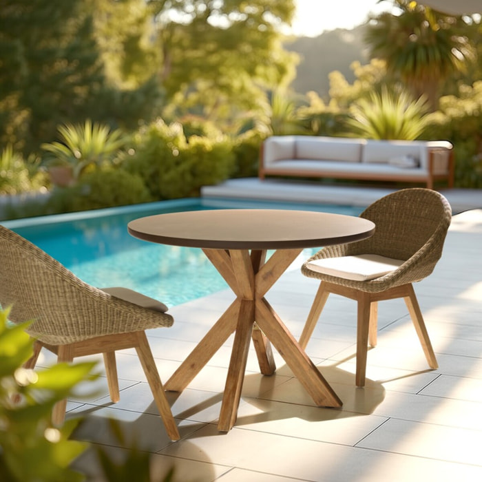 NESTOR - Table à manger ronde effet béton marron pied en bois d'acacia D100cm
