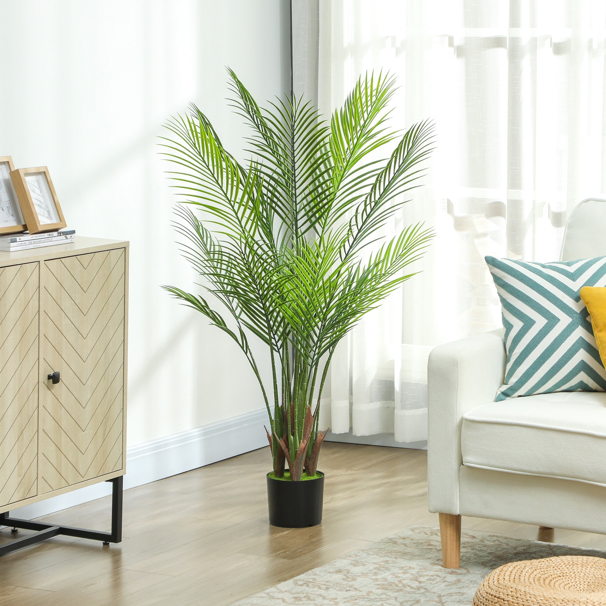 Plante artificielle intérieure palmier H.120cm 4 pieds 20 feuilles grand réalisme PE vert