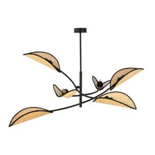 Lampada a sospensione Lotus in acciaio nero e rattan