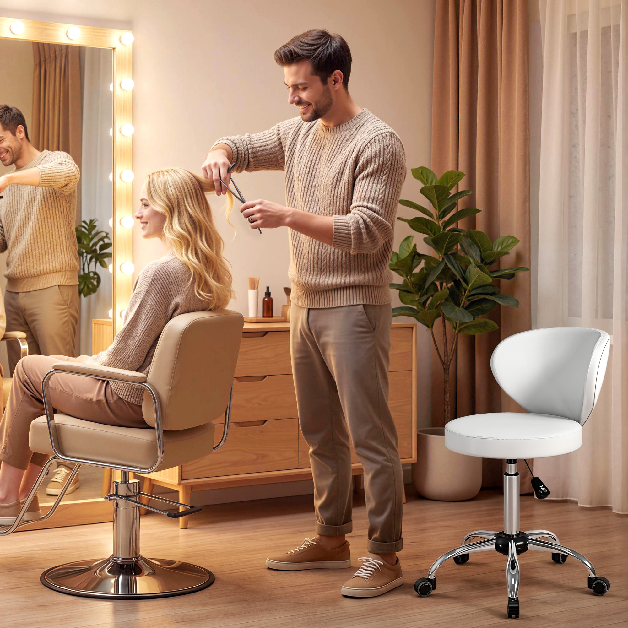 Tabouret de massage travail pivotant réglable 51-66H cm dossier ergonomique blanc