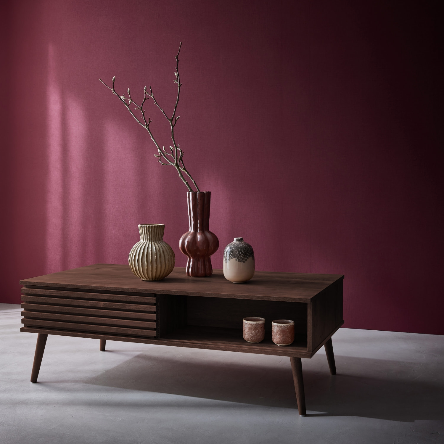Table basse scandinave rectangulaire décor bois rainuré 1 porte coulissante MADERE