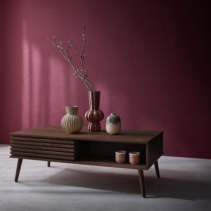 Table basse scandinave rectangulaire décor bois rainuré 1 porte coulissante MADERE