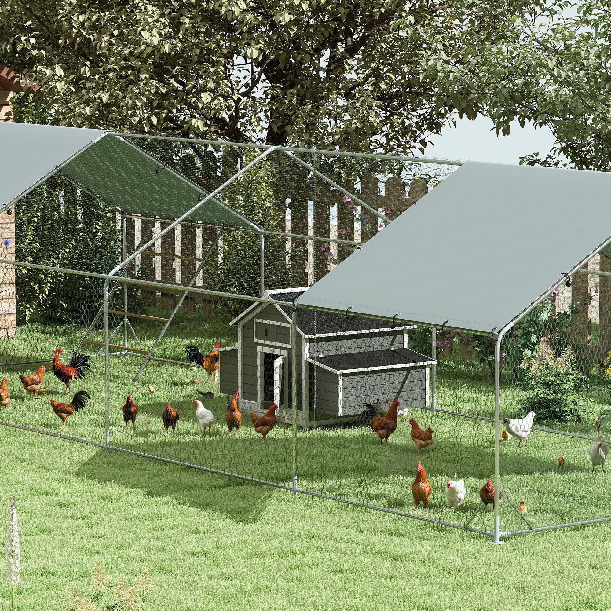 Gallinero para Exterior Gallinero de Madera para 2-4 Gallinas con 2 Nidos Bandeja Extraíble Techo Abatible 150x100x96,5 cm Gris y Blanco