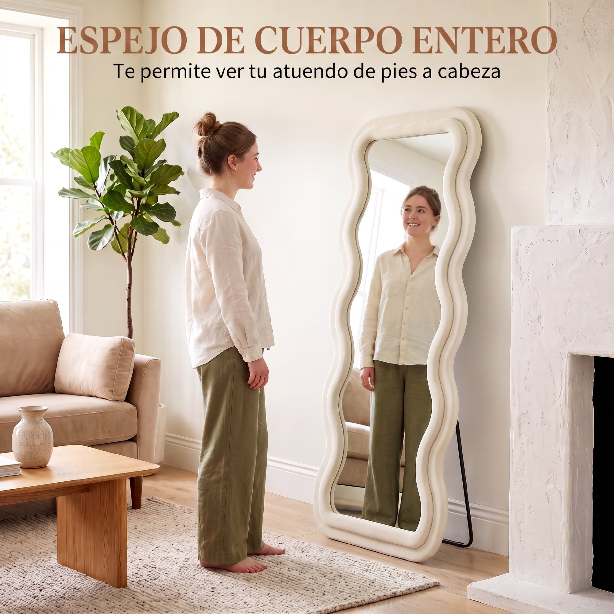 Espejo de Cuerpo Entero, 160x60 cm, Espejo de Pie, Marco Ondulado Aterciopelado, Independiente, Apoyado y de Pared, para Dormitorio, Salón, Vestidor