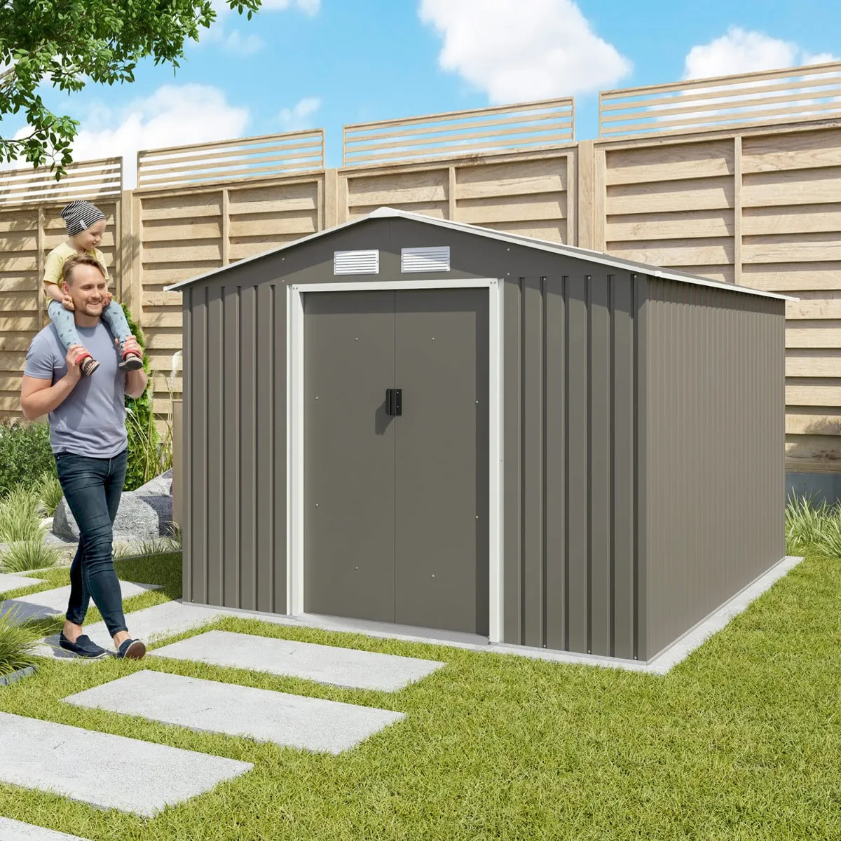 Abri de jardin métal gris/vert 7,30 m² + kit d'ancrage