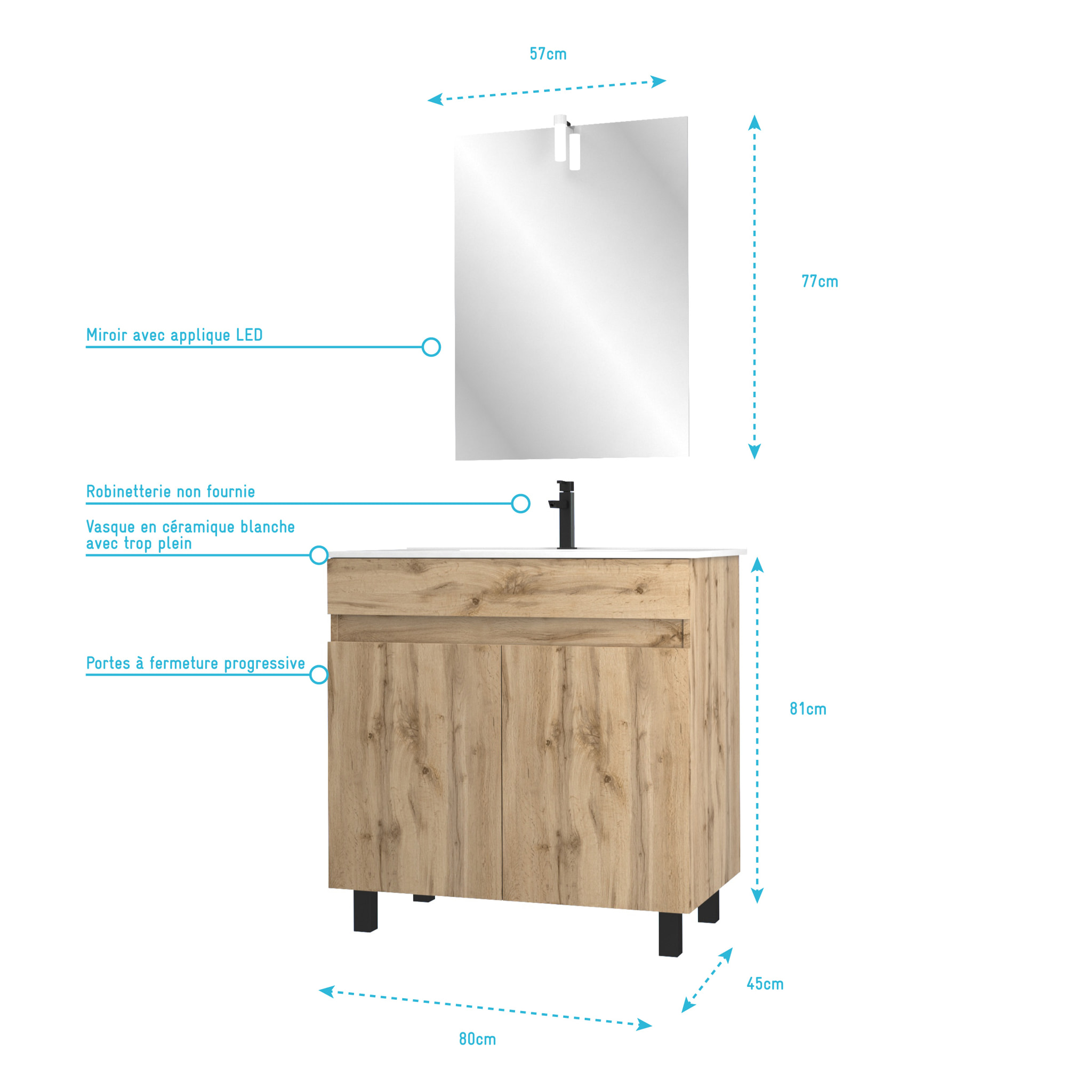 Meuble salle de bain 80x80 -Finition chene naturel + vasque blanche + miroir Led- TIMBER 80 - Pack27