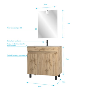 Meuble salle de bain 80x80 -Finition chene naturel + vasque blanche + miroir Led- TIMBER 80 - Pack27