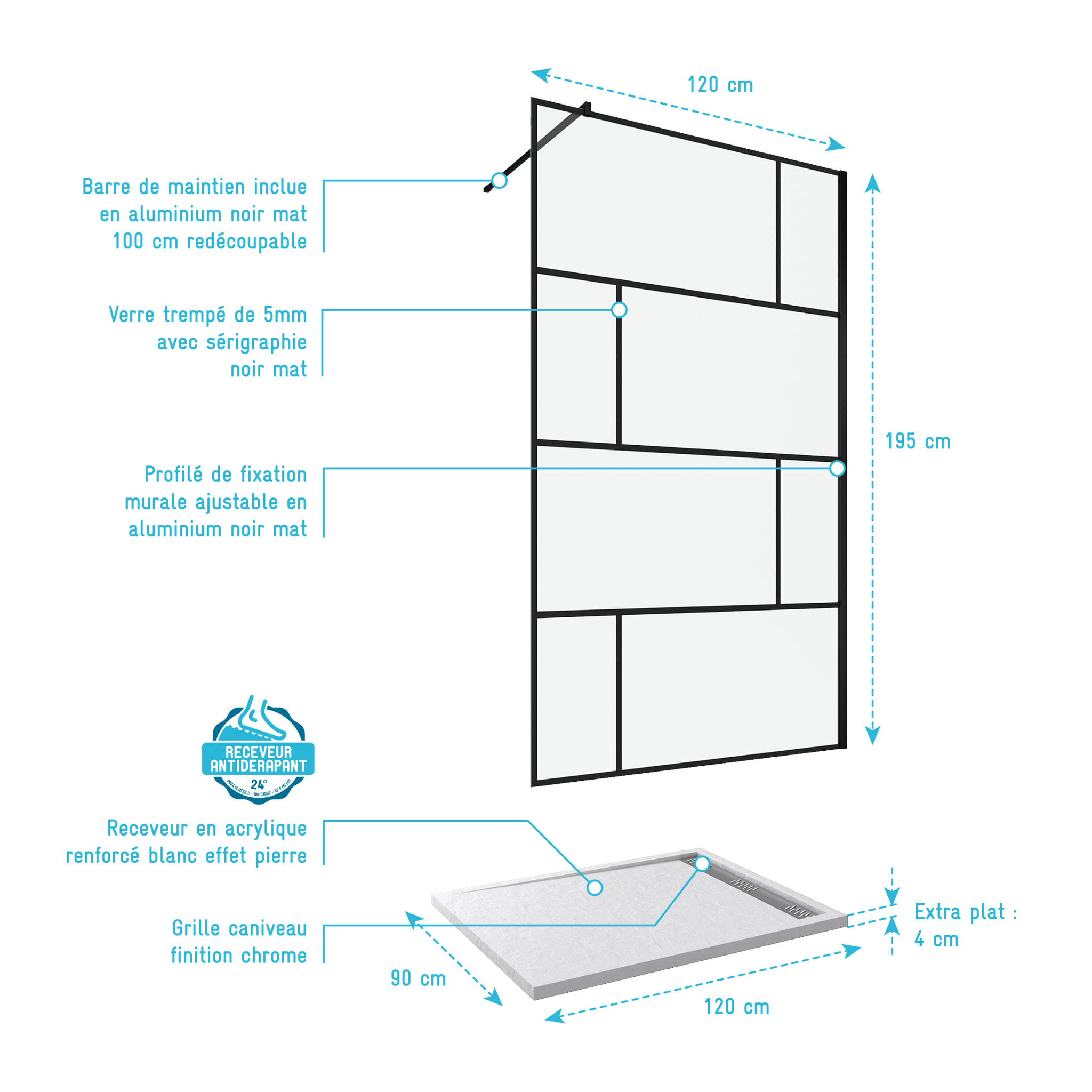 Pack Paroi de douche 120x195 cm + RECEVEUR EN ACRYLIQUE BLANC EFFET PIERRE 120X90