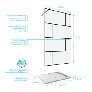 Pack Paroi de douche 120x195 cm + RECEVEUR EN ACRYLIQUE BLANC EFFET PIERRE 120X90
