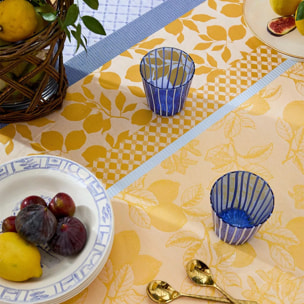 Nappe pur coton enduit 220 g/m² motif jacquard bleu jaune Mille citrons provence