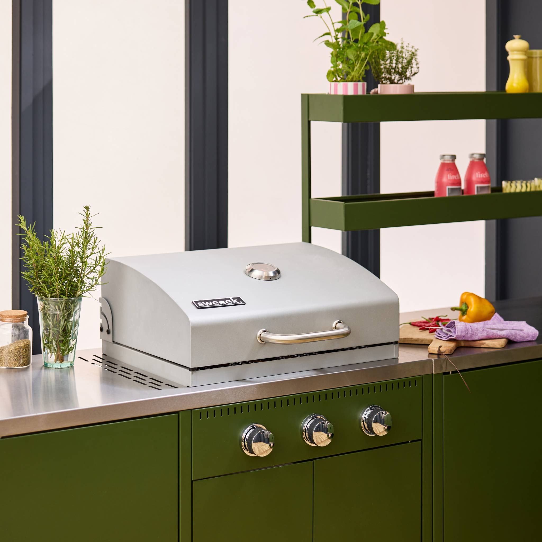 Cuisine d'extérieure 5 modules avec barbecue gaz 3 brûleurs sur pieds, thermomètre NAXOS BARBECUE GAZ + 5 MODULES