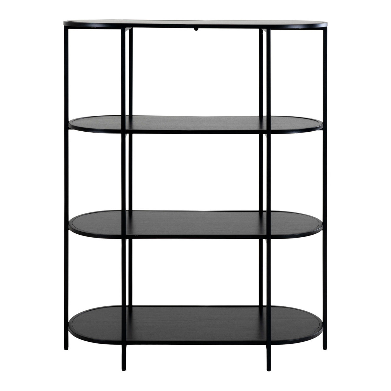 Libreria Vita ovale a 4 ripiani in nero con struttura in acciaio, 85×36×111 cm