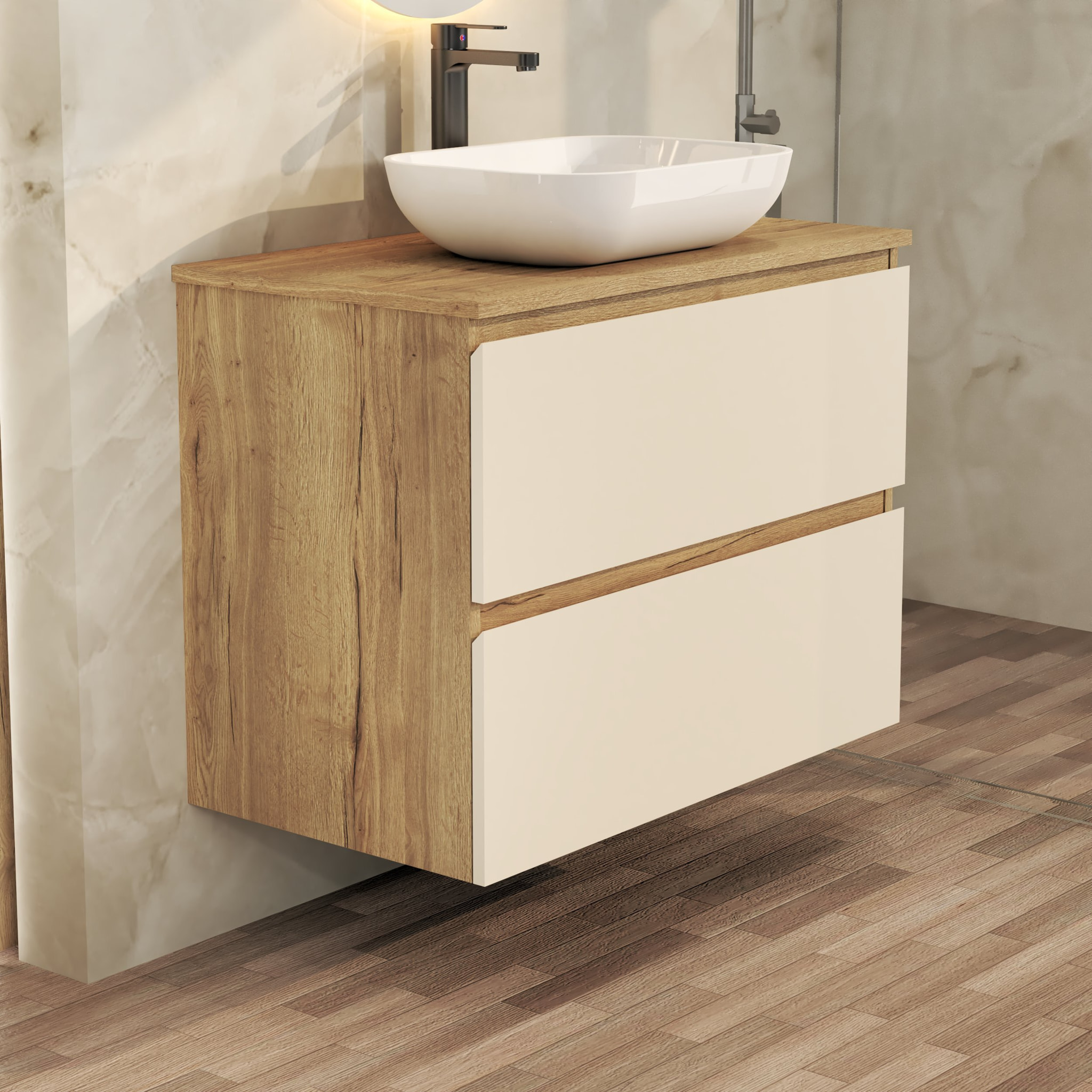 Ensemble de Salle de Bain Nia | Meuble Suspendu | 90 cm Glacier | Deux Tiroirs |Lavabo sur Plan | Miroir non inclus | Meuble Monté | Alday