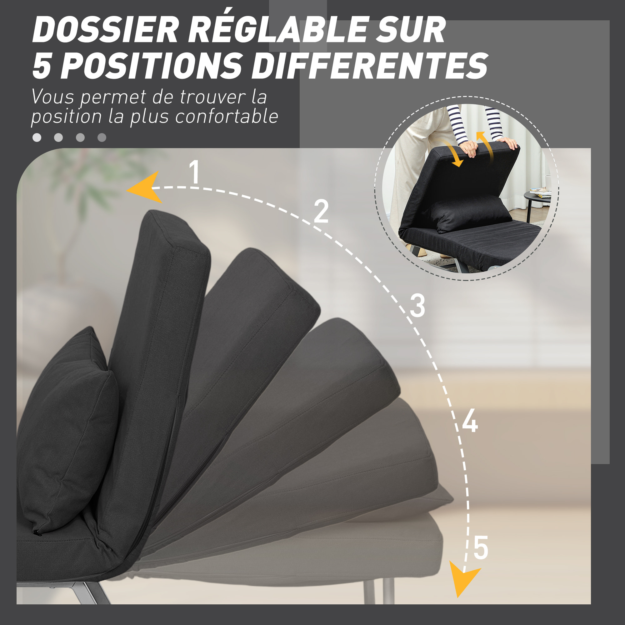 Fauteuil chauffeuse canapé-lit convertible inclinable 1 place grand confort coussin lombaires accoudoirs piètement métal lin noir