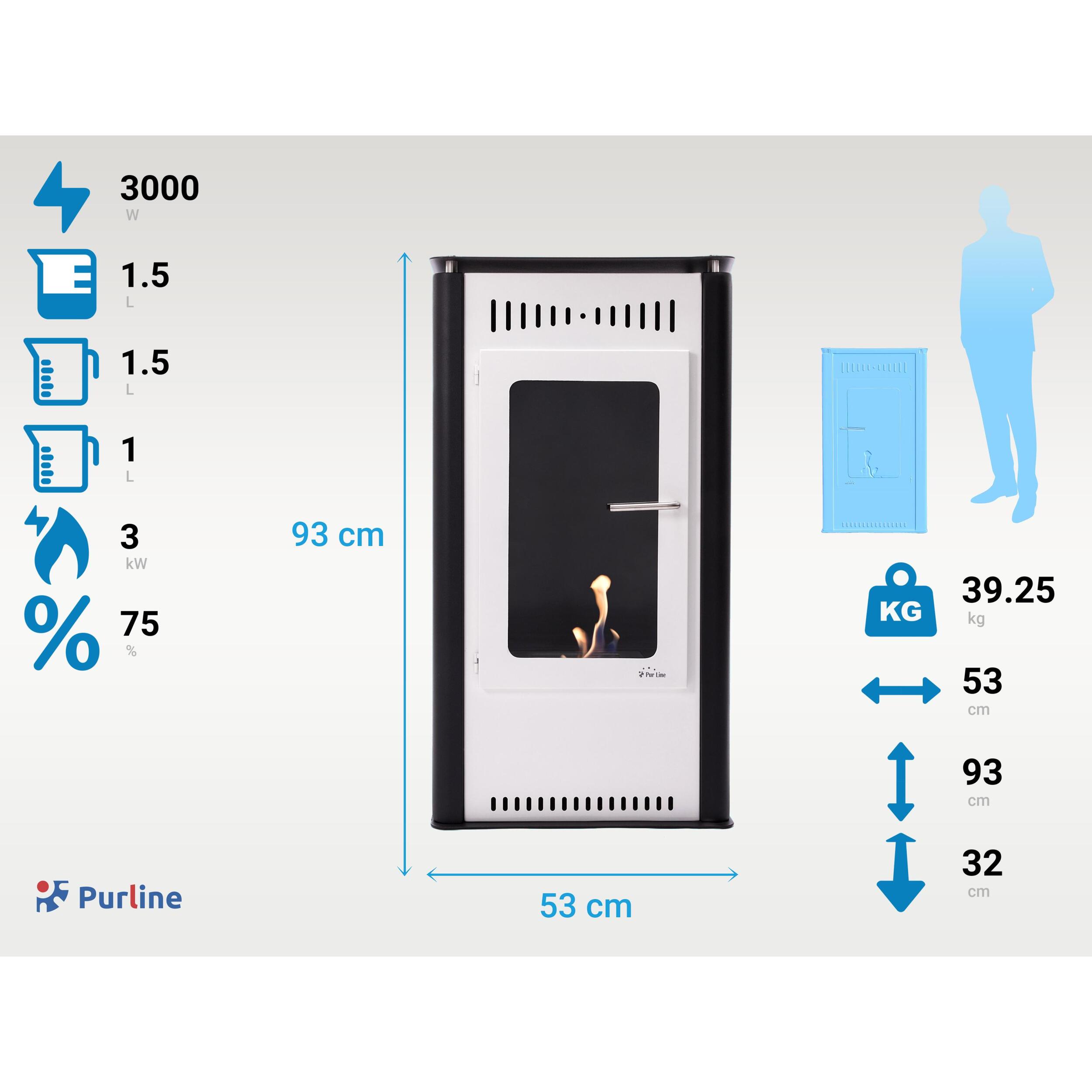 Poêle à éthanol 3kW en acier blanc avec porte en verre trempé