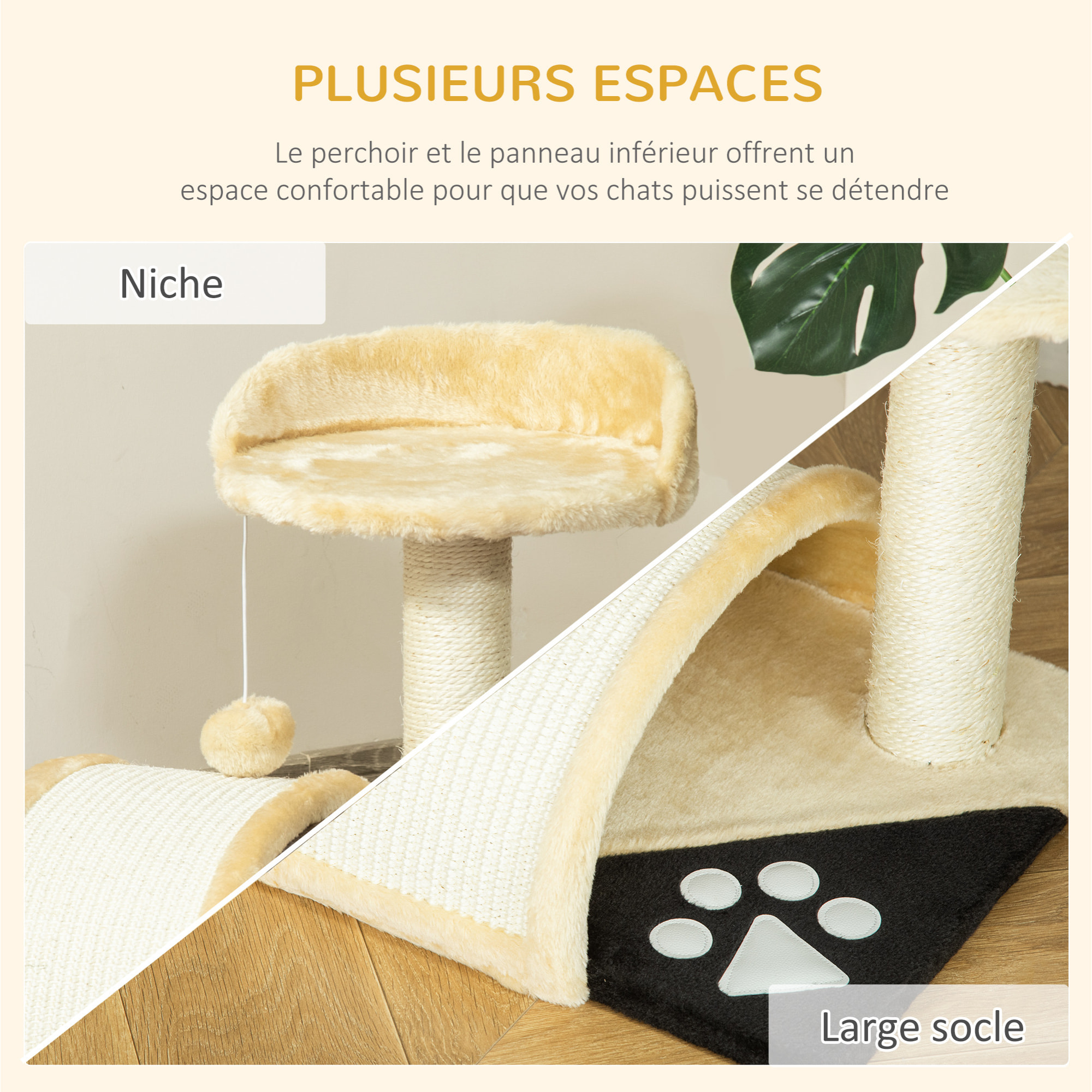 Arbre à chat griffoir grattoir design jeu boule suspendue + plateforme peluche sisal naturel beige