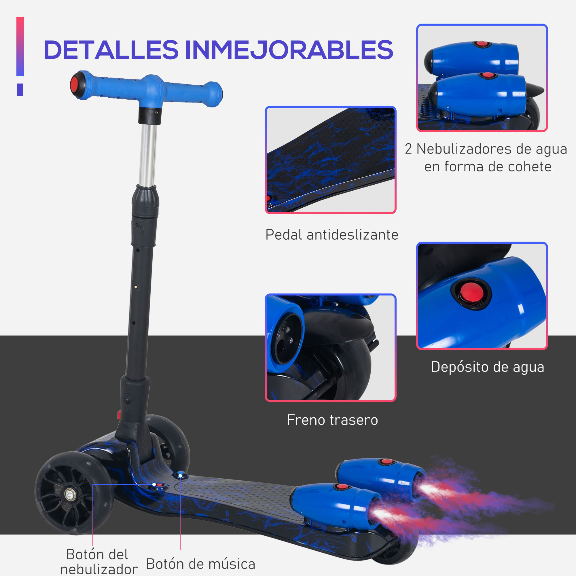 Scooter Plegable Con Música PP y Metal 61x26x63-81 cm Azul