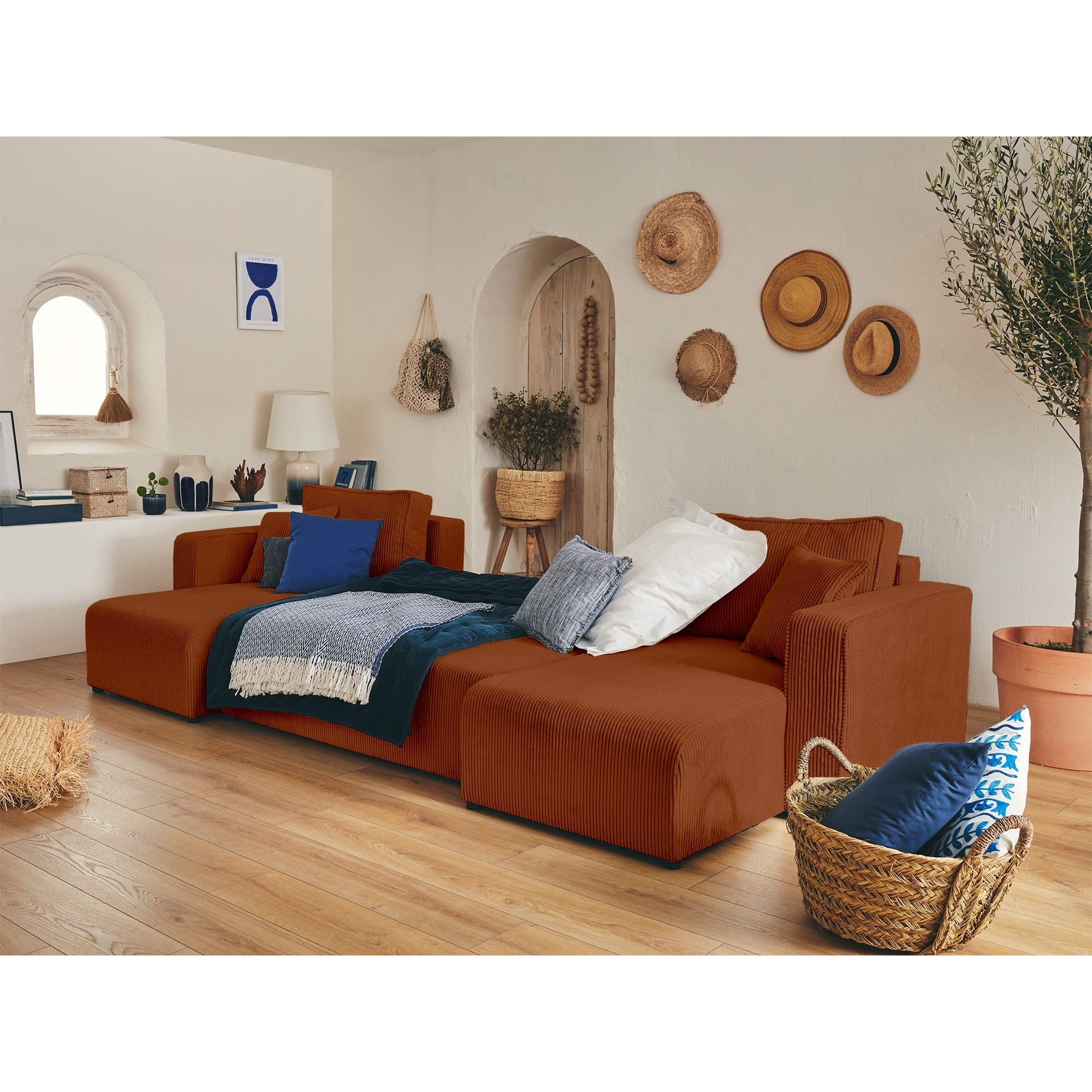 Topaze - canapé panoramique en U - 7 places - convertible avec coffre - en velours côtelé - Terracotta