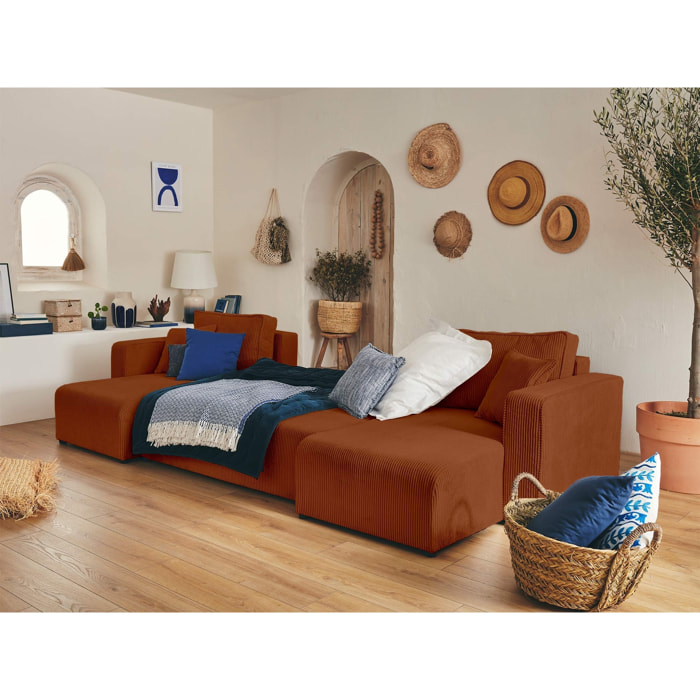 Topaze - canapé panoramique en U - 7 places - convertible avec coffre - en velours côtelé - Terracotta